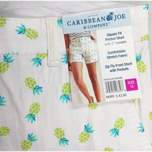 Caribbean Joe Shorts Womens Size 16 White Pineapple Print Summer Vacation Resort